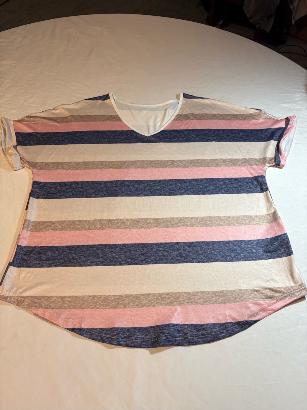 Relaxed V-Neck Short Sleeve Stripe Top - Pink, Navy & Cream